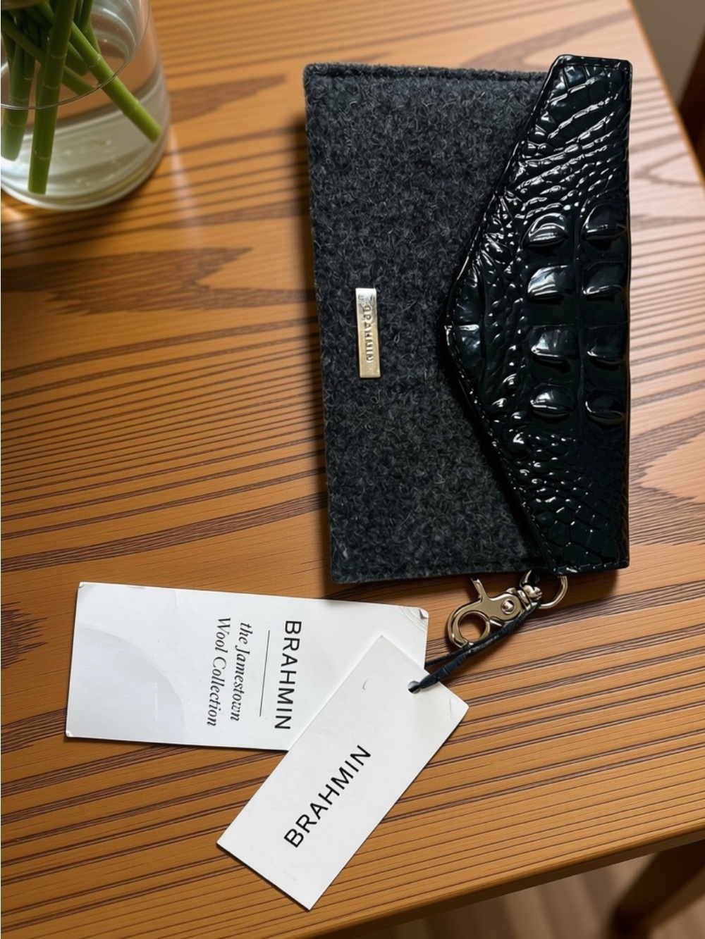 Brahmin Black Wool & Croc-Embossed Leather Envelope Pouch